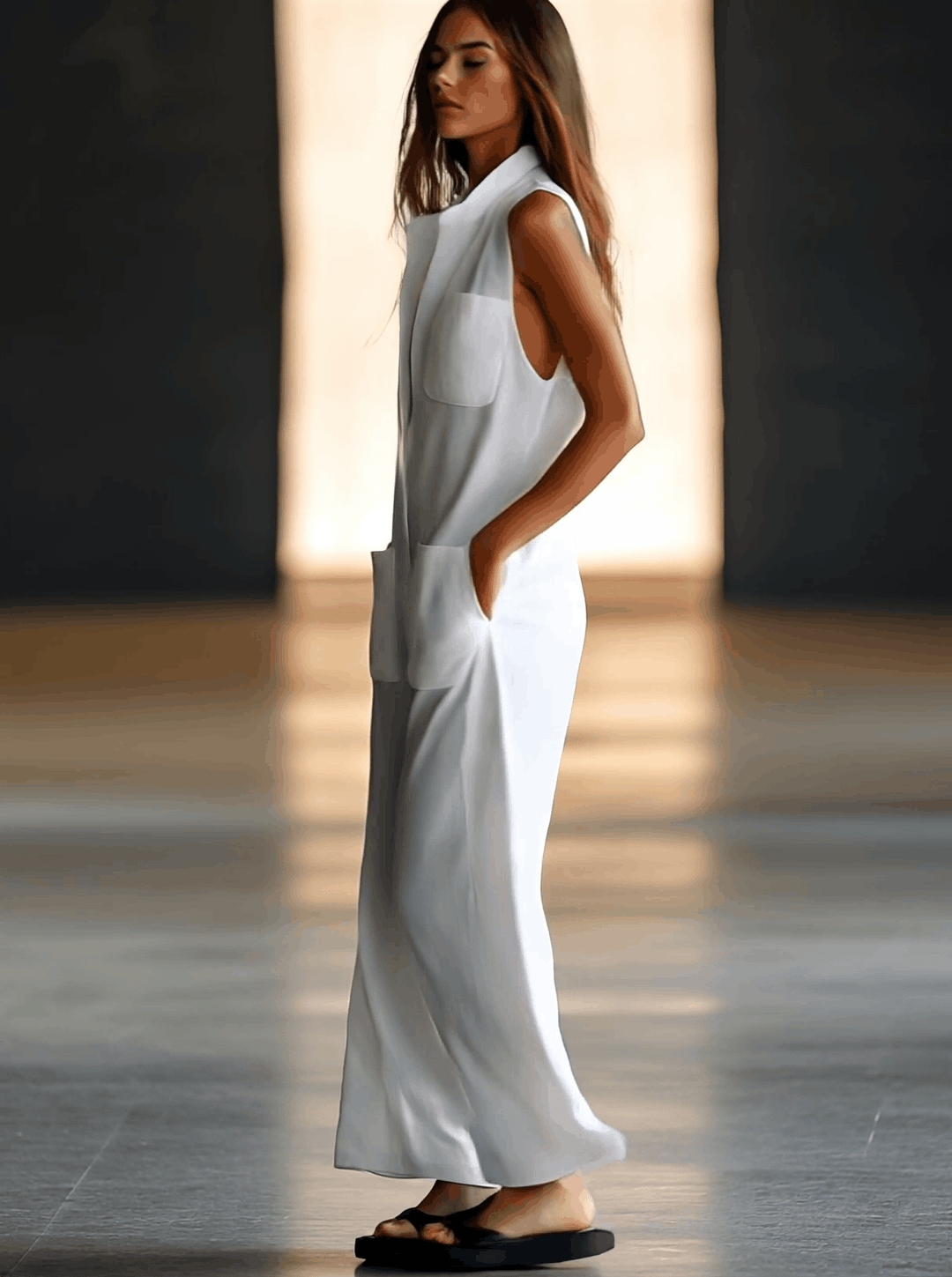 Collared Patch Pocket Sleeveless Jumpsuit
