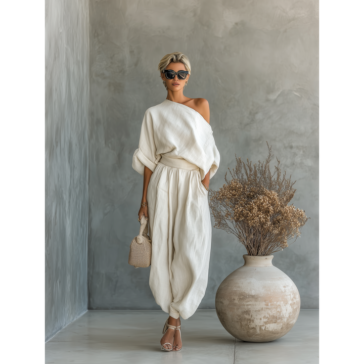 Asymmetric Drape Top And Tapered Pant Set