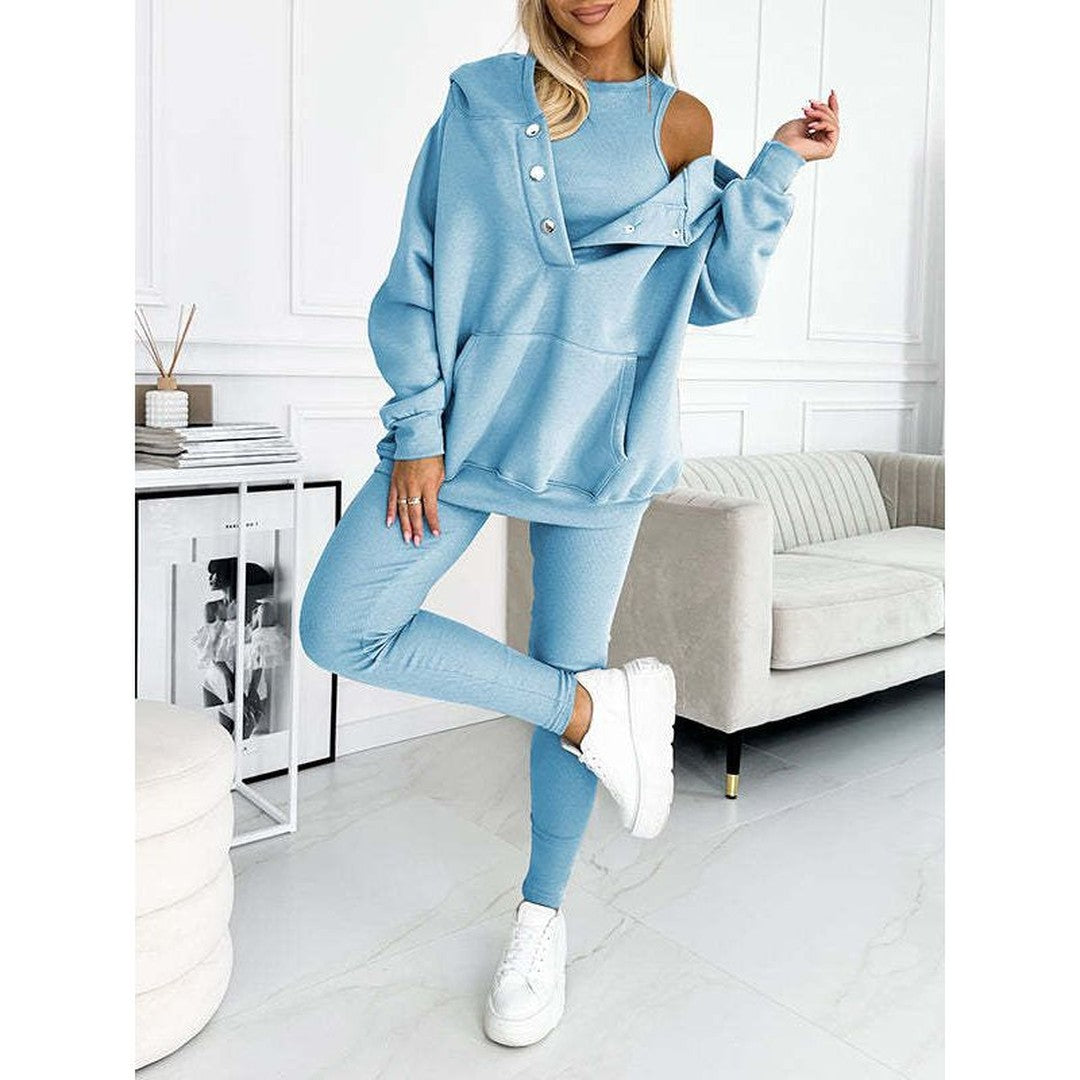 Three-piece snap-button hoodie set in blue, styled with leggings