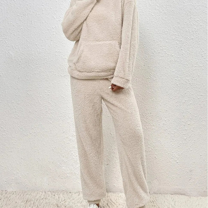 Two-piece hooded teddy fleece set in beige, front view