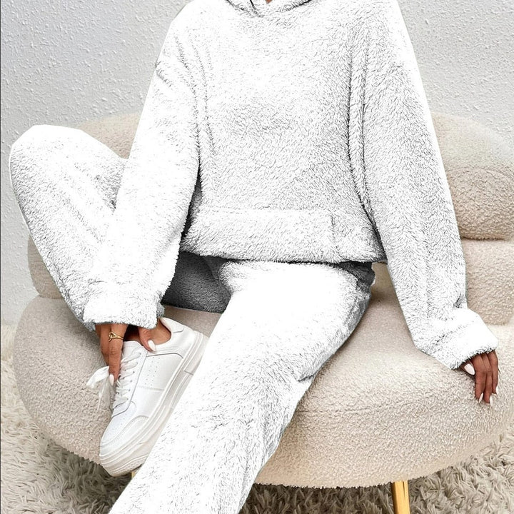 Two-piece hooded teddy fleece set in white, front view