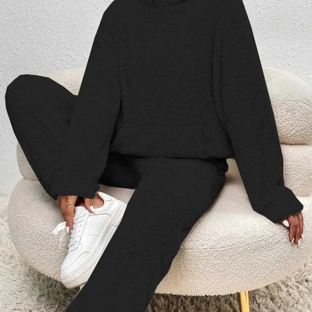 Two-piece hooded teddy fleece set in black, front view