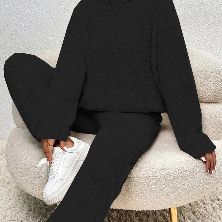 Two-piece hooded teddy fleece set in black, front view