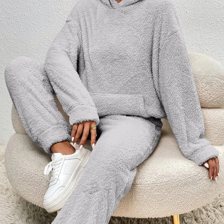 Two-piece hooded teddy fleece set in grey, front view