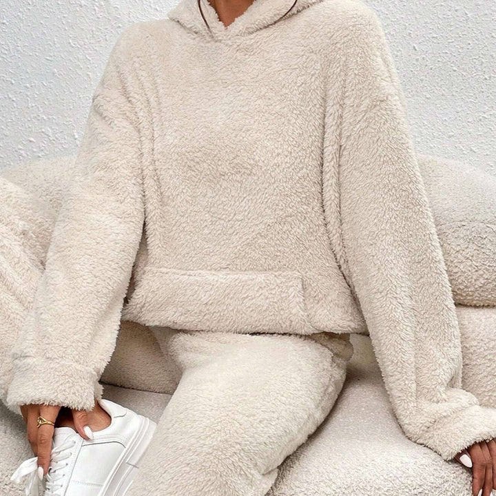 Two-piece hooded teddy fleece set in beige, front view