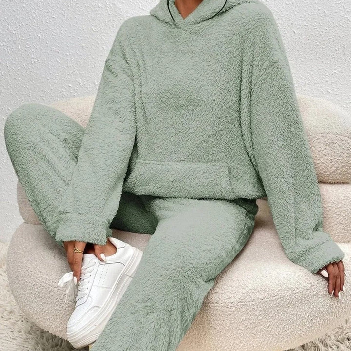 Two-piece hooded teddy fleece set in green, front view