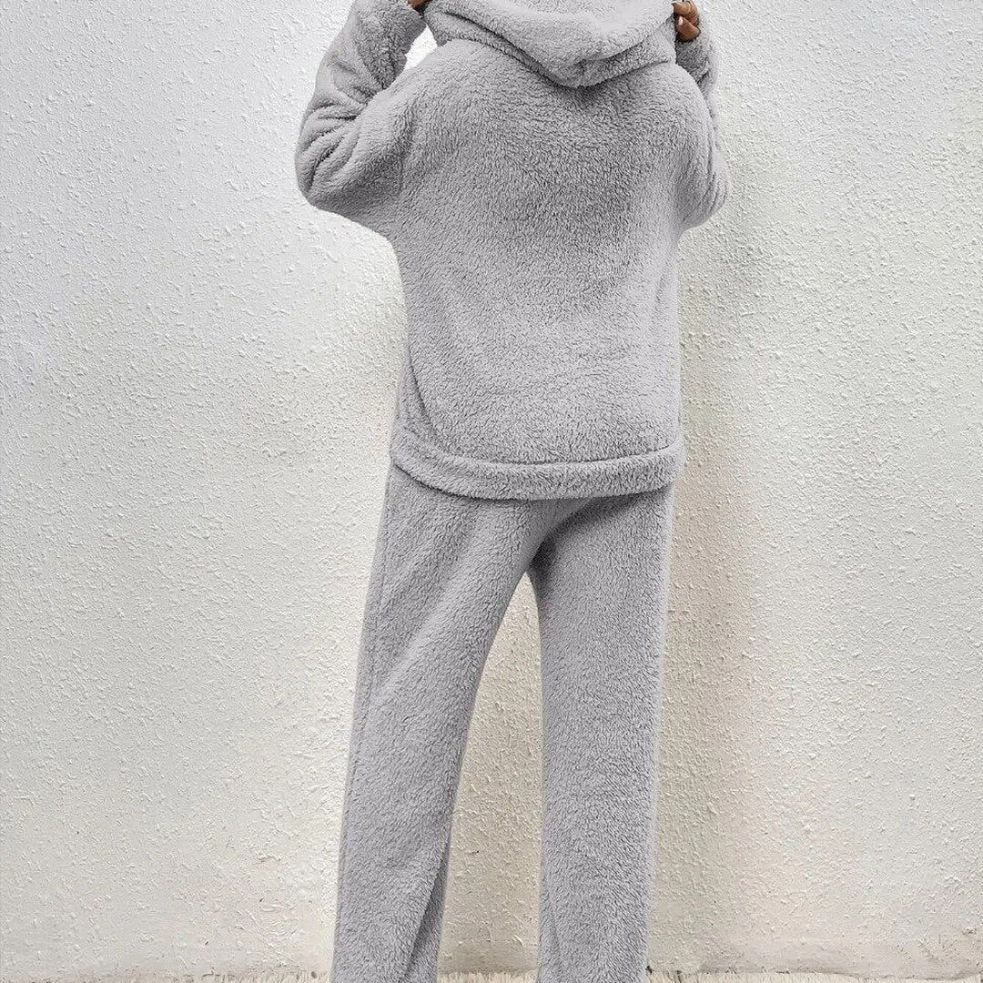 Two-piece hooded teddy fleece set, front view with hood down