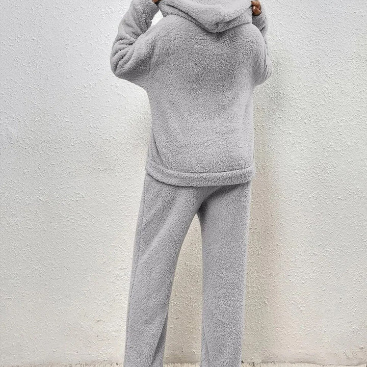 Two-piece hooded teddy fleece set, front view with hood down