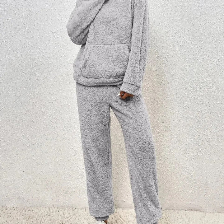Two-piece hooded teddy fleece set, side angle view