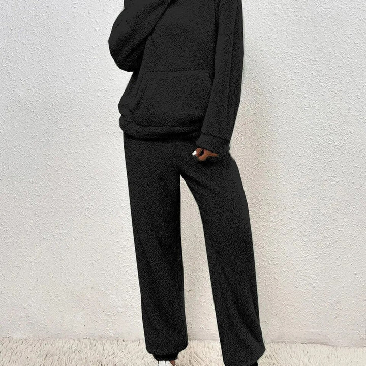 Two-piece hooded teddy fleece set, close-up of hood
