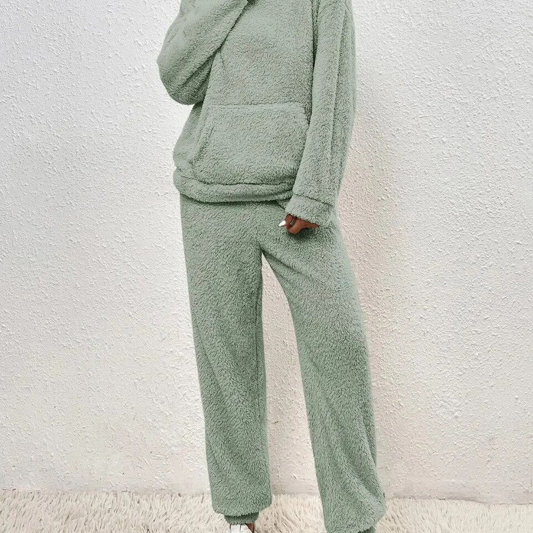 Two-piece hooded teddy fleece set, full length front view