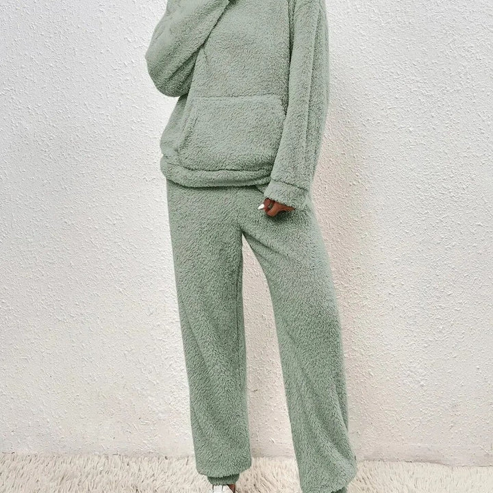 Two-piece hooded teddy fleece set, full length front view