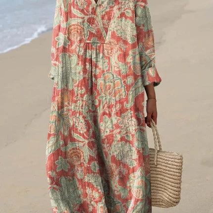 Vintage Floral Print Midi Dress with Pockets