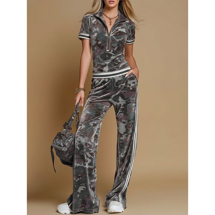 Camo Print Half-Zip Wide-Leg Set