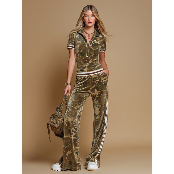 Camo Print Half-Zip Wide-Leg Set