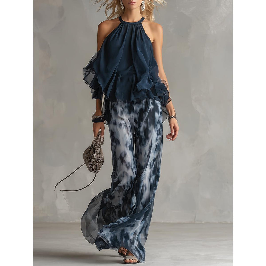 Halter Ruffle Top And Abstract Wide-Leg Pant Set