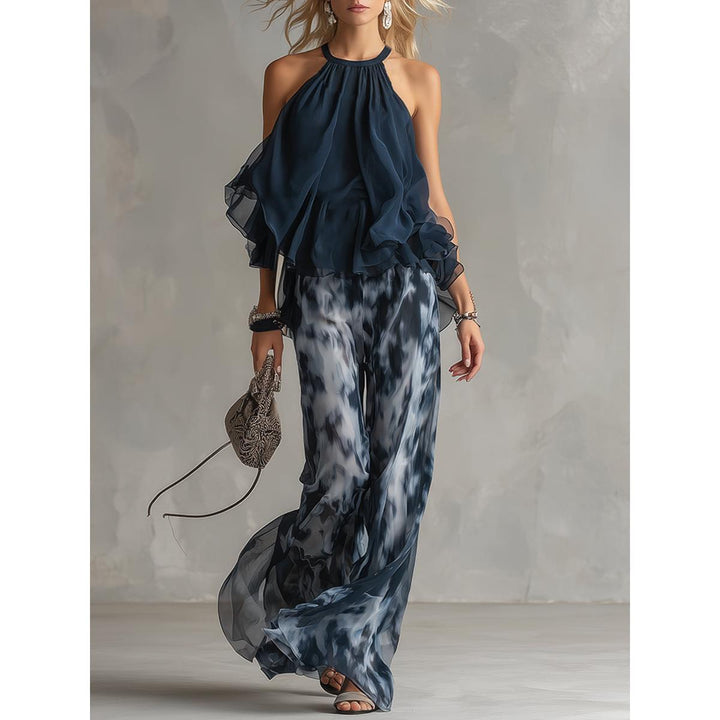 Halter Ruffle Top And Abstract Wide-Leg Pant Set