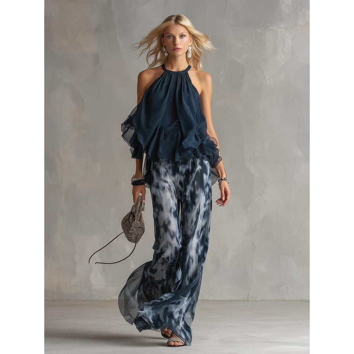 Halter Ruffle Top And Abstract Wide-Leg Pant Set