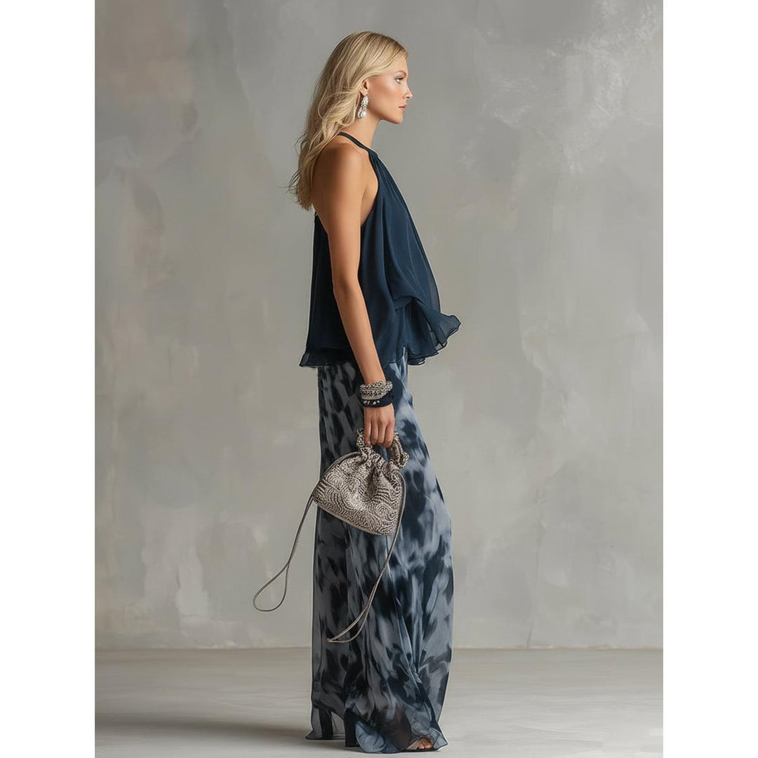 Halter Ruffle Top And Abstract Wide-Leg Pant Set