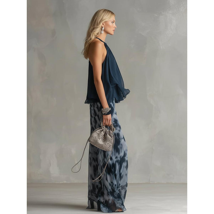 Halter Ruffle Top And Abstract Wide-Leg Pant Set