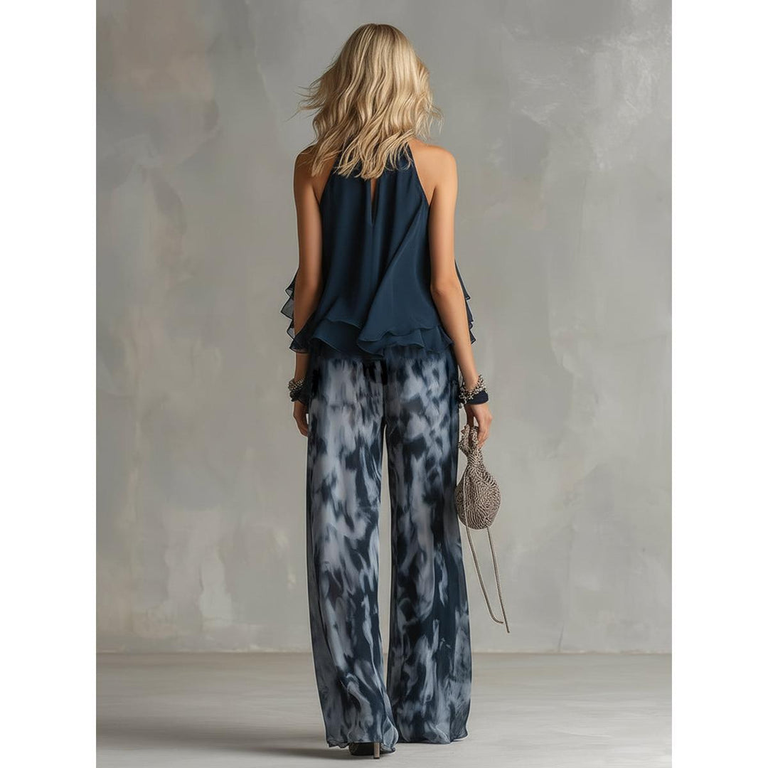 Halter Ruffle Top And Abstract Wide-Leg Pant Set