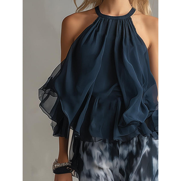 Halter Ruffle Top And Abstract Wide-Leg Pant Set
