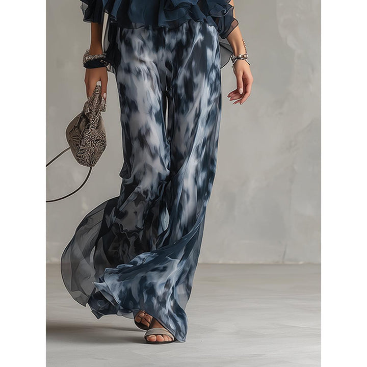 Halter Ruffle Top And Abstract Wide-Leg Pant Set
